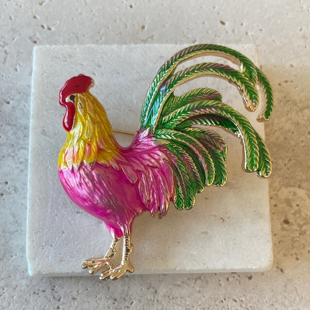 Anthropologie Colorful Rooster Brooch - Pink, Green, Yellow